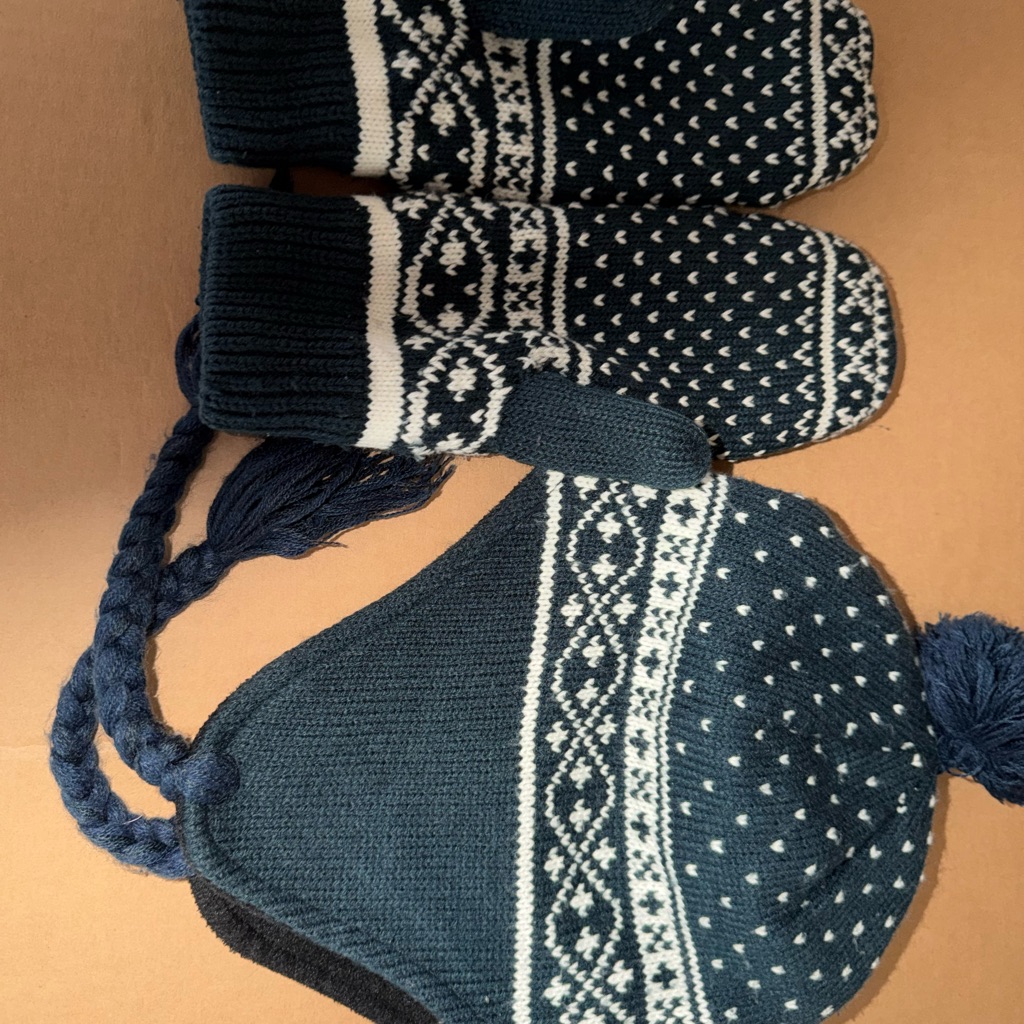Cozy Navy Blue And White Knit Hat And Mittens Set For Women